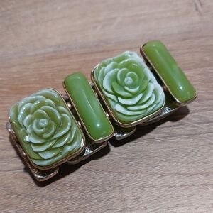 Green Rose Flower Panel Chunky Wide Stretch Bracelet